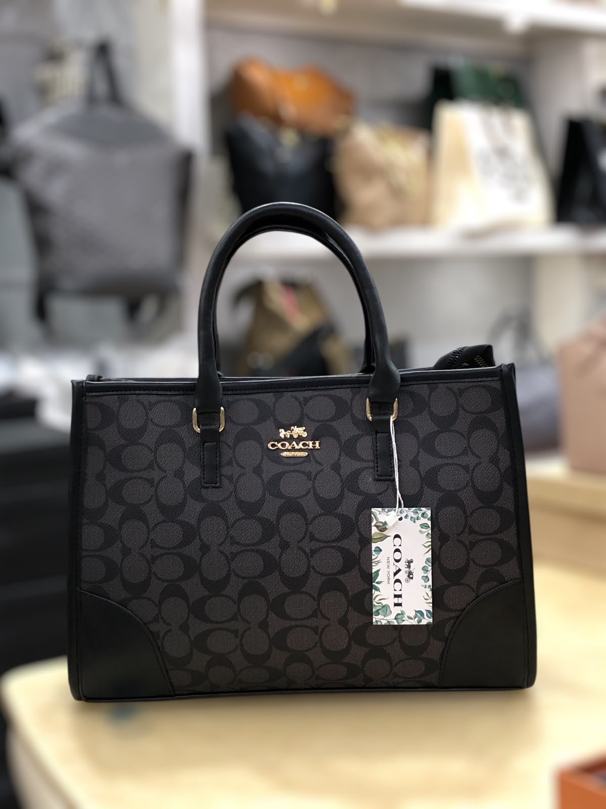 Coach Signature Print Tote Bag for Women with Double Top Handles and Spacious Everyday Carry Design - Beige
