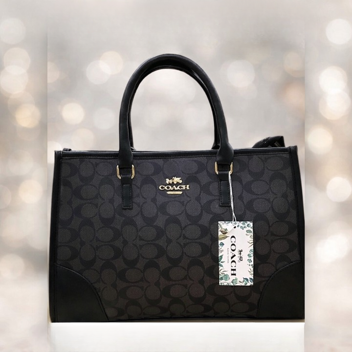 Coach Signature Print Tote Bag for Women with Double Top Handles and Spacious Everyday Carry Design - Beige