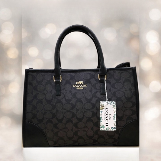 Coach Signature Print Tote Bag for Women with Double Top Handles and Spacious Everyday Carry Design - Beige