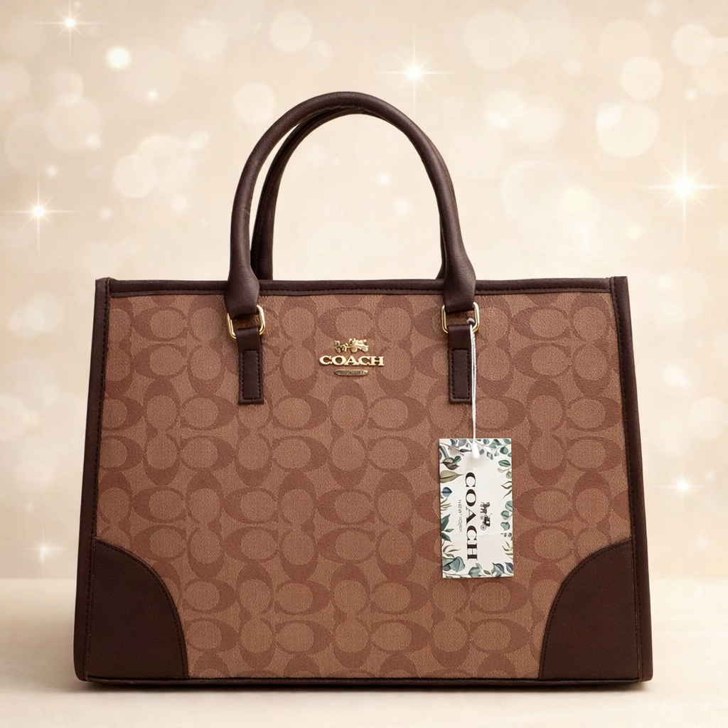 Coach Signature Print Tote Bag for Women with Double Top Handles and Spacious Everyday Carry Design - Beige