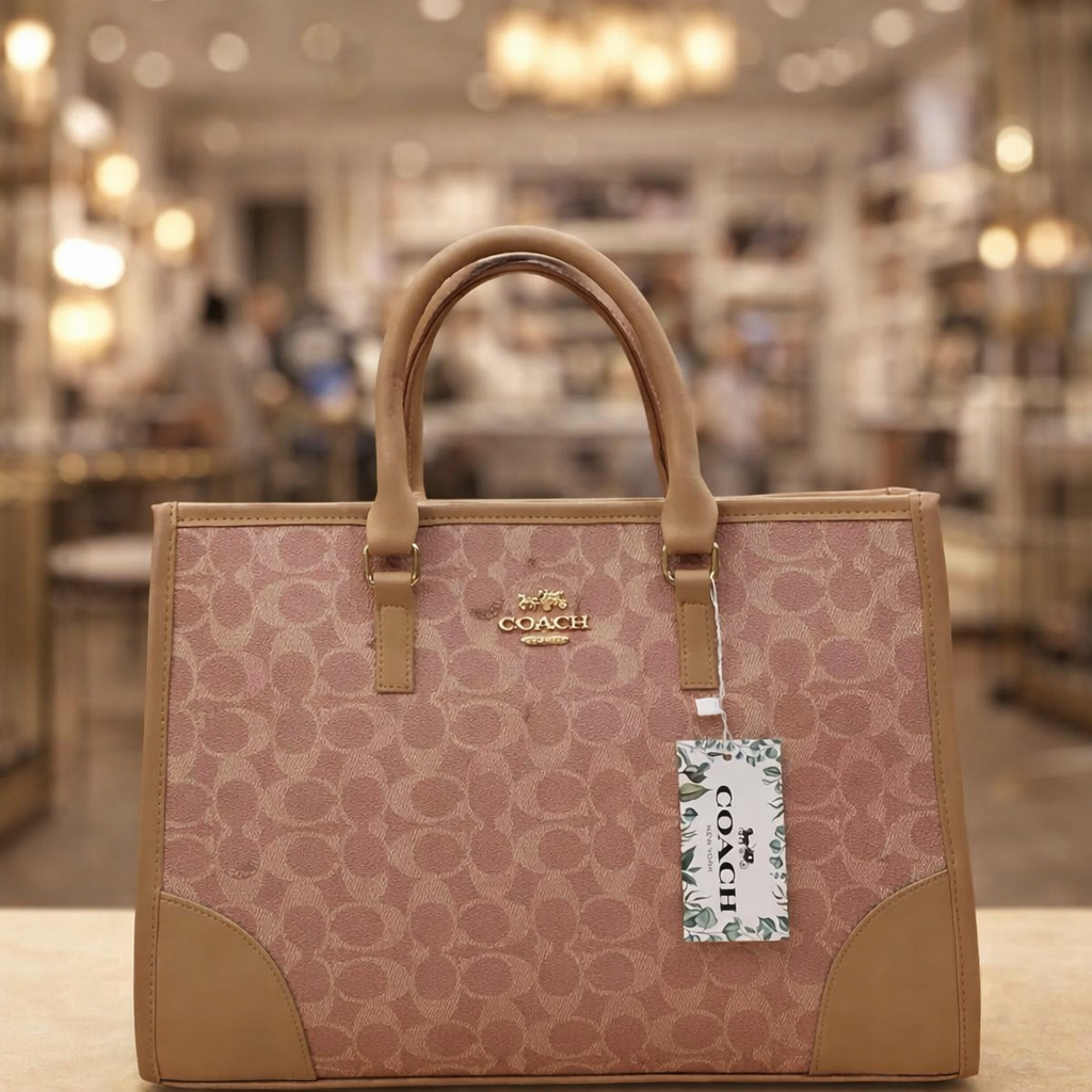 Coach Signature Print Tote Bag for Women with Double Top Handles and Spacious Everyday Carry Design - Beige
