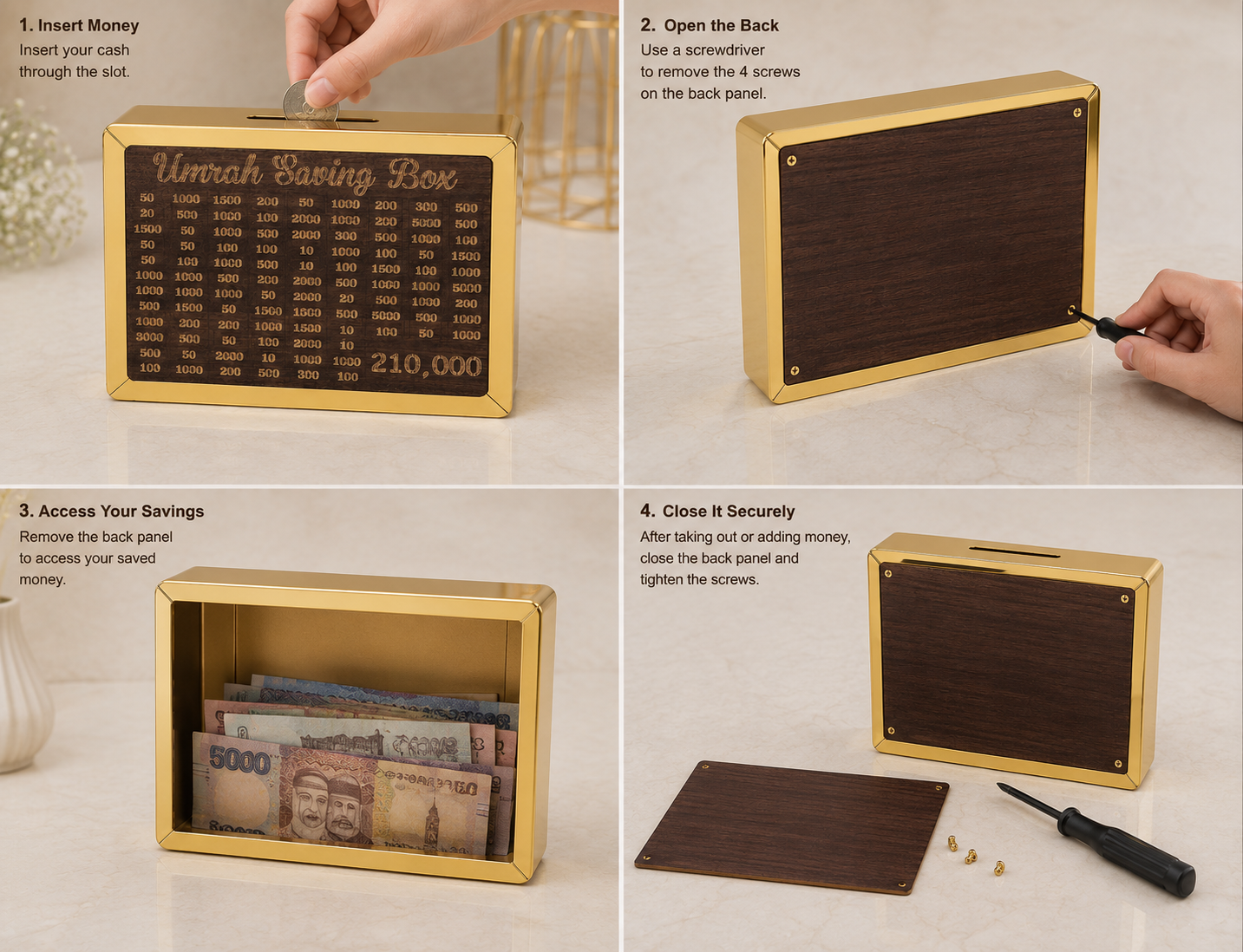 Umrah Saving Box - Best Quality Umrah Saving Box - Umrah Saving Box Dark Brown, Wooden Money Box for Umrah - 210,000