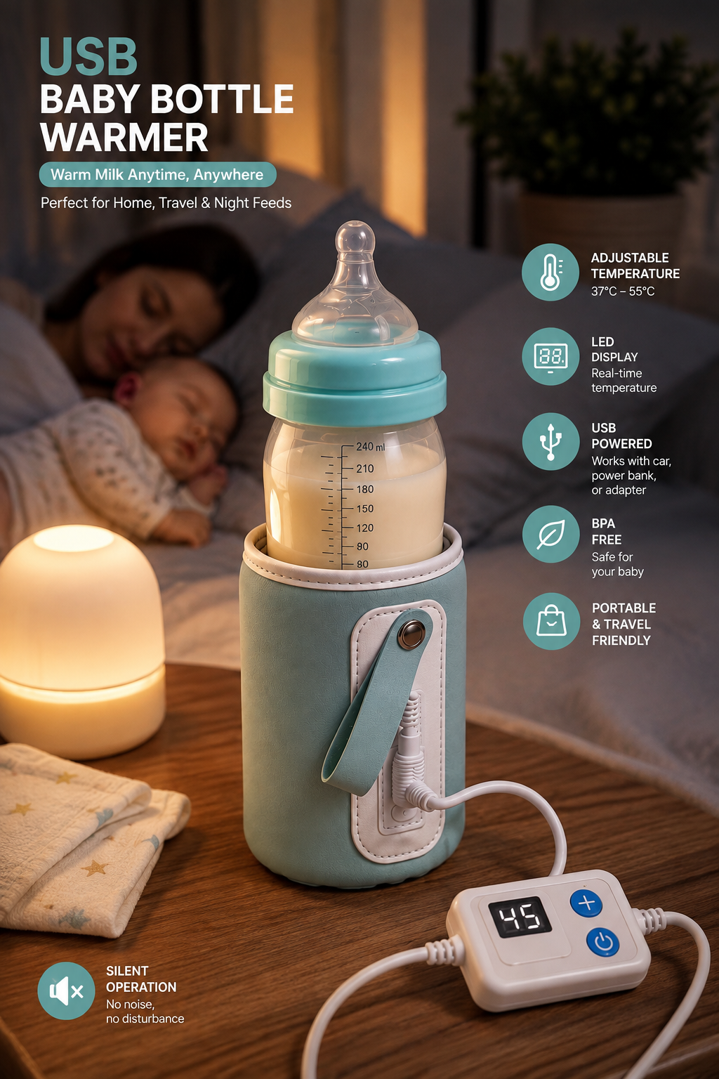 USB Baby Bottle Warmer with Adjustable Temperature Display – Portable Milk Warmer Sleeve for Car, Power Bank & Travel Use BPA -free