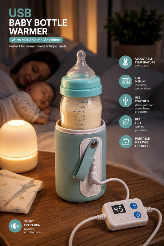 USB Baby Bottle Warmer with Adjustable Temperature Display – Portable Milk Warmer Sleeve for Car, Power Bank & Travel Use BPA -free