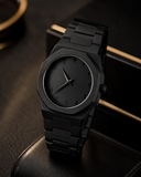 Black Minimalist Analog Wrist Aura Watch With Stainless Steel Strap And Butterfly Lock
