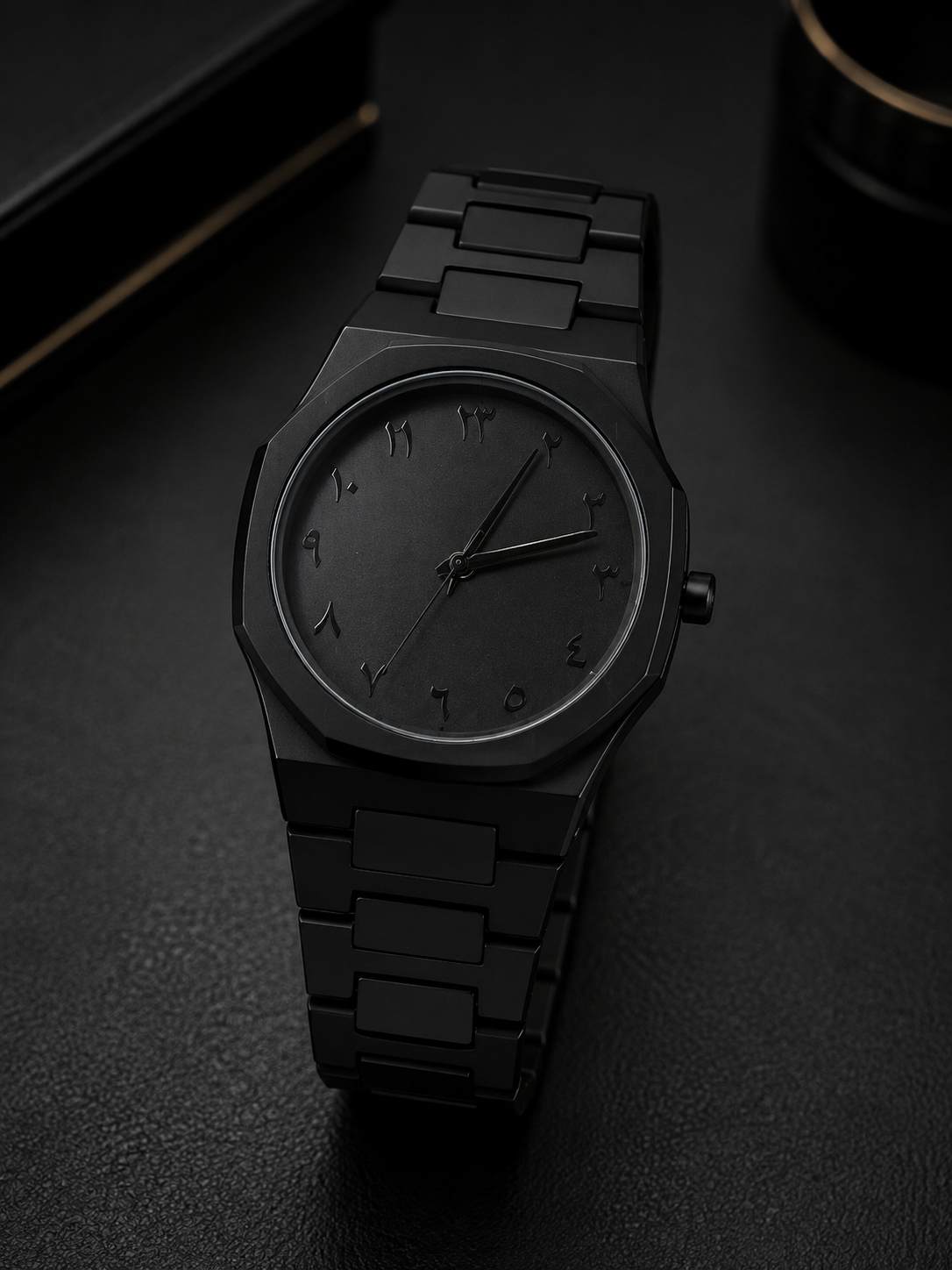 Black Minimalist Analog Wrist Aura Watch With Stainless Steel Strap And Butterfly Lock