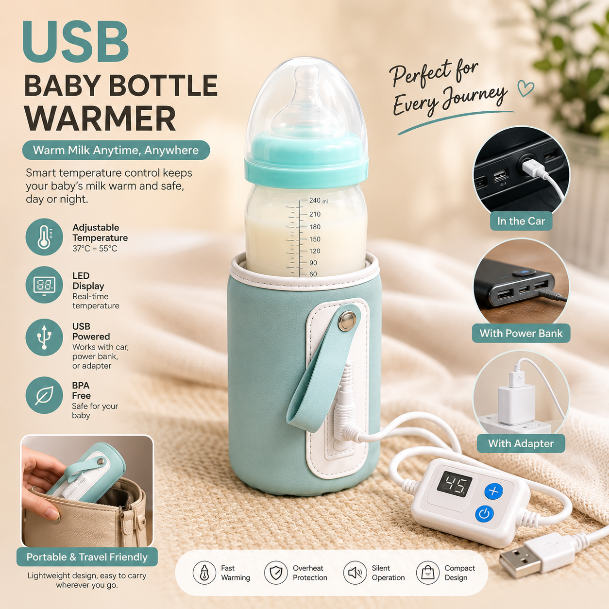 USB Baby Bottle Warmer with Adjustable Temperature Display – Portable Milk Warmer Sleeve for Car, Power Bank & Travel Use BPA -free