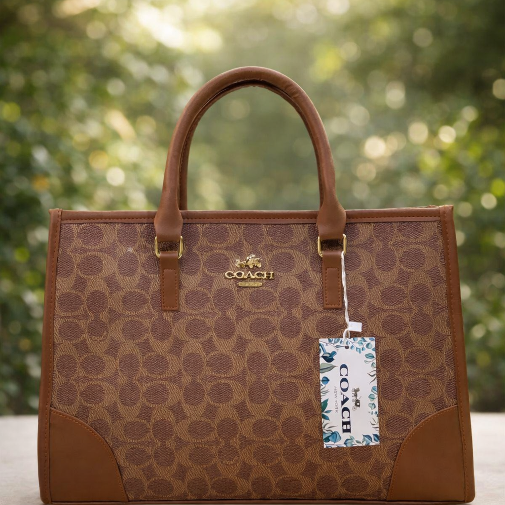 Coach Signature Print Tote Bag for Women with Double Top Handles and Spacious Everyday Carry Design - Beige