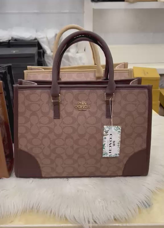 Coach Signature Print Tote Bag for Women with Double Top Handles and Spacious Everyday Carry Design - Beige